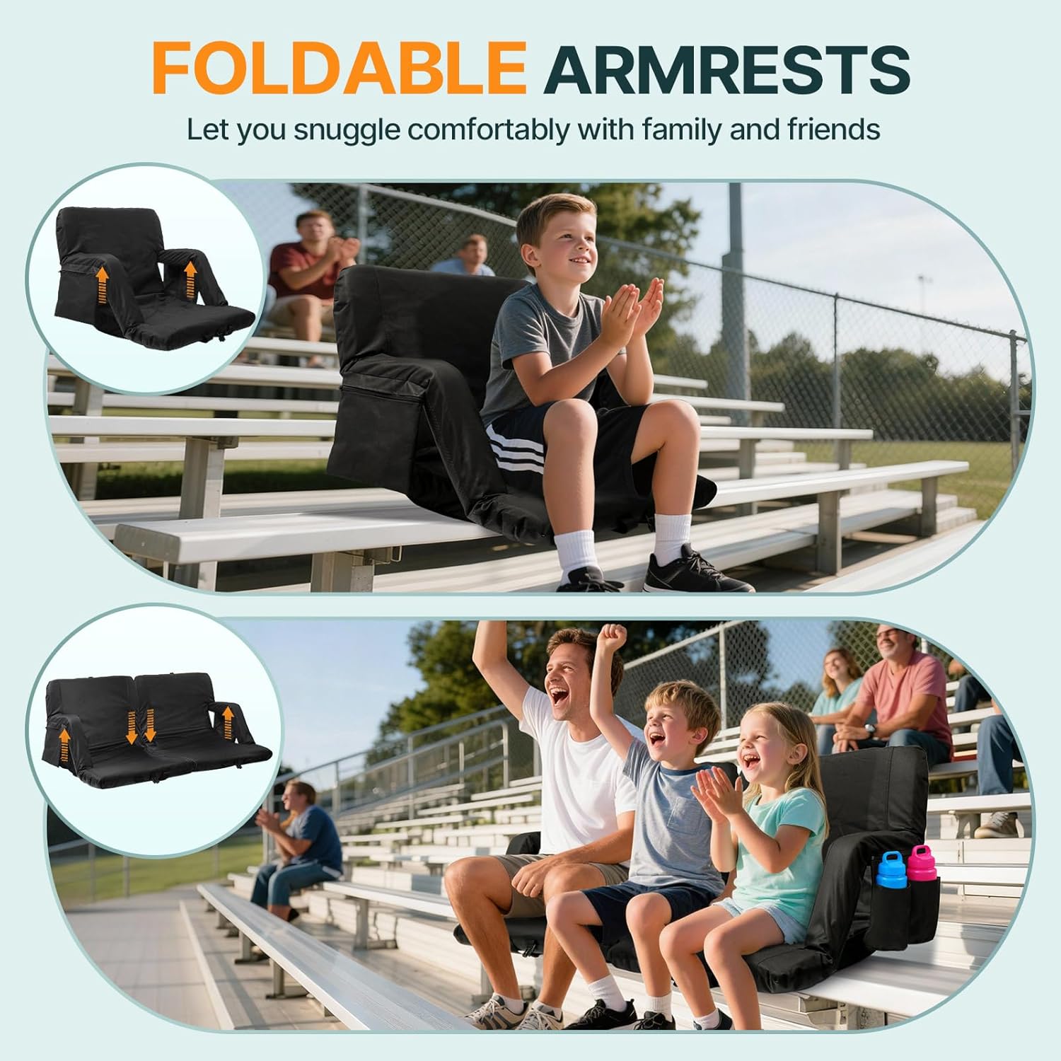 HOPERAN Stadium Seats for Bleachers with Back Support, Half-fold Portable Bleacher Chairs with Back and Cushion, 600D Waterproof Reclining Extra Wide Bleacher Seat for Outdoor Sports